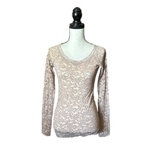 Vintage Moda International Beige Lace Long Sleeve Top Sheer Floral 90s Grunge S
